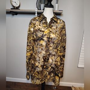 Vintage Women's Yellow Brown Sheer Button Down Shirt